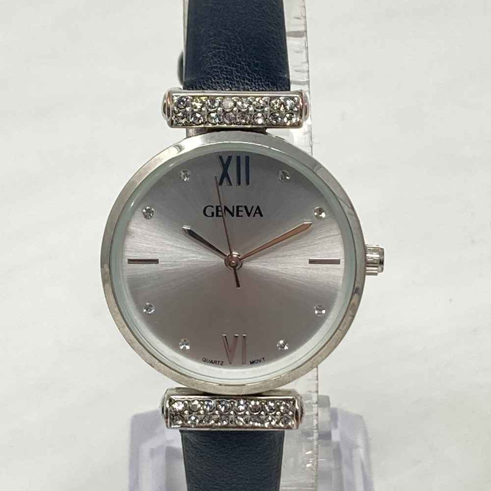 Geneva Watch Women 30mm Silver Tone Crystal Bling Black Band New Battery 9"